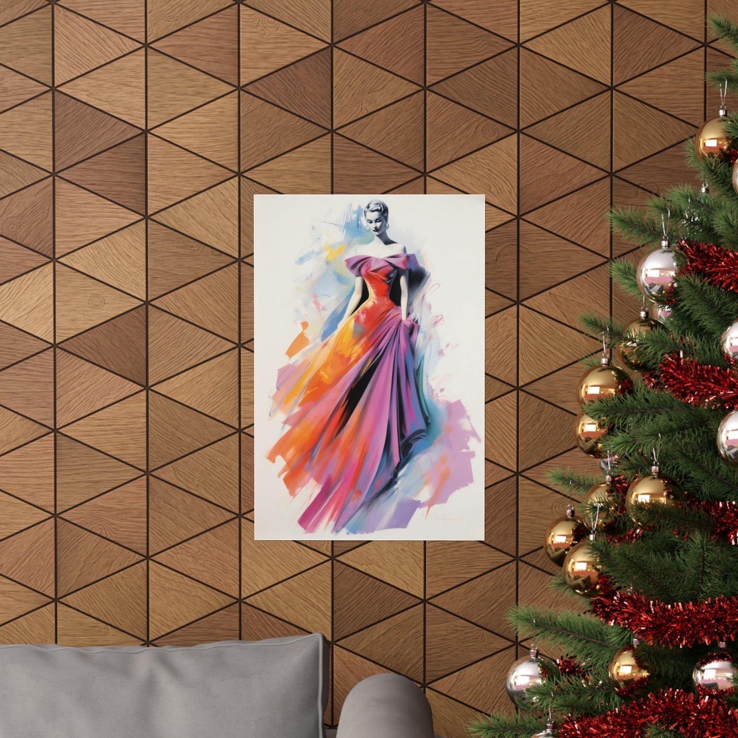 A christmas tree with a painting of a woman in a colorful dress