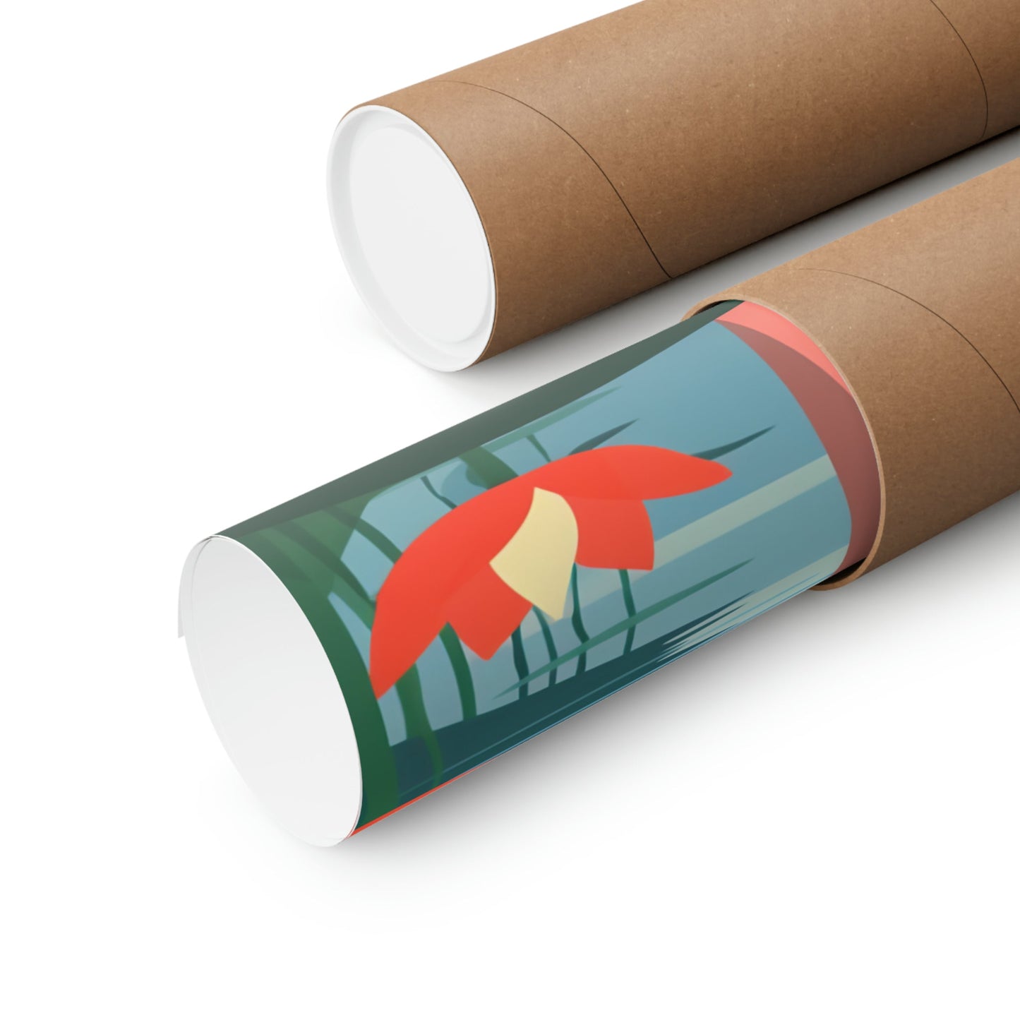 Two rolls of brown paper with a red flower on them