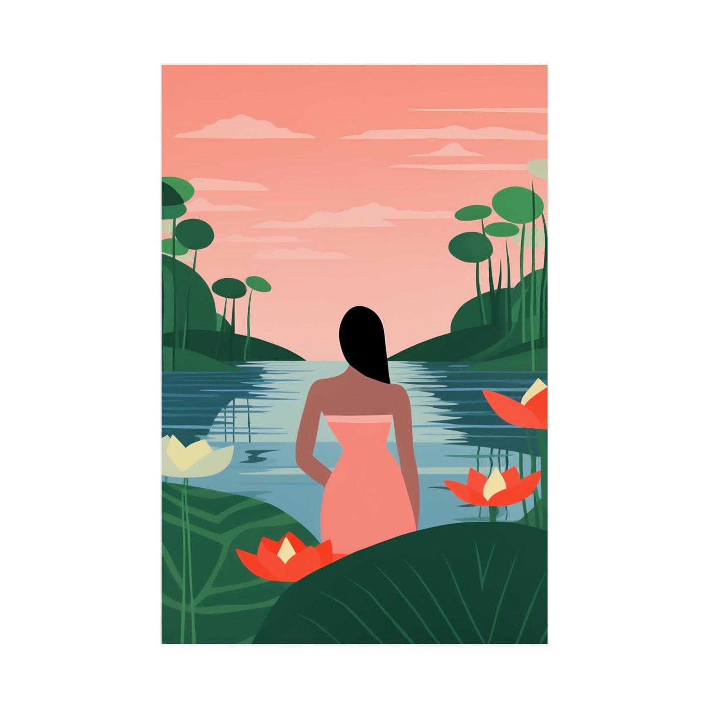 A woman in a pink dress stands in front of a lake with lotuses