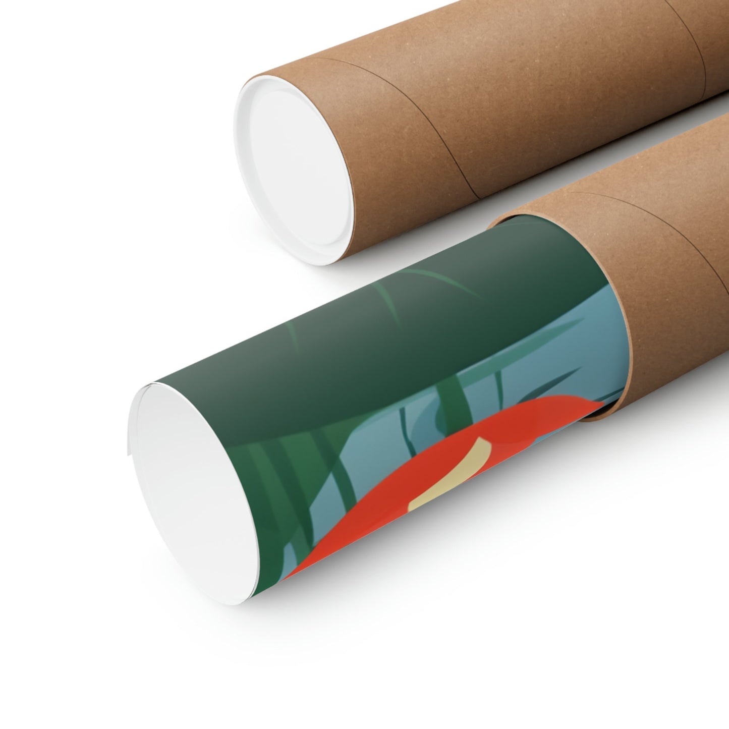 Two rolls of brown paper with a green and red design