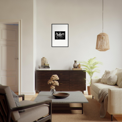 Living room with minimalist, modern furnishings and decor.