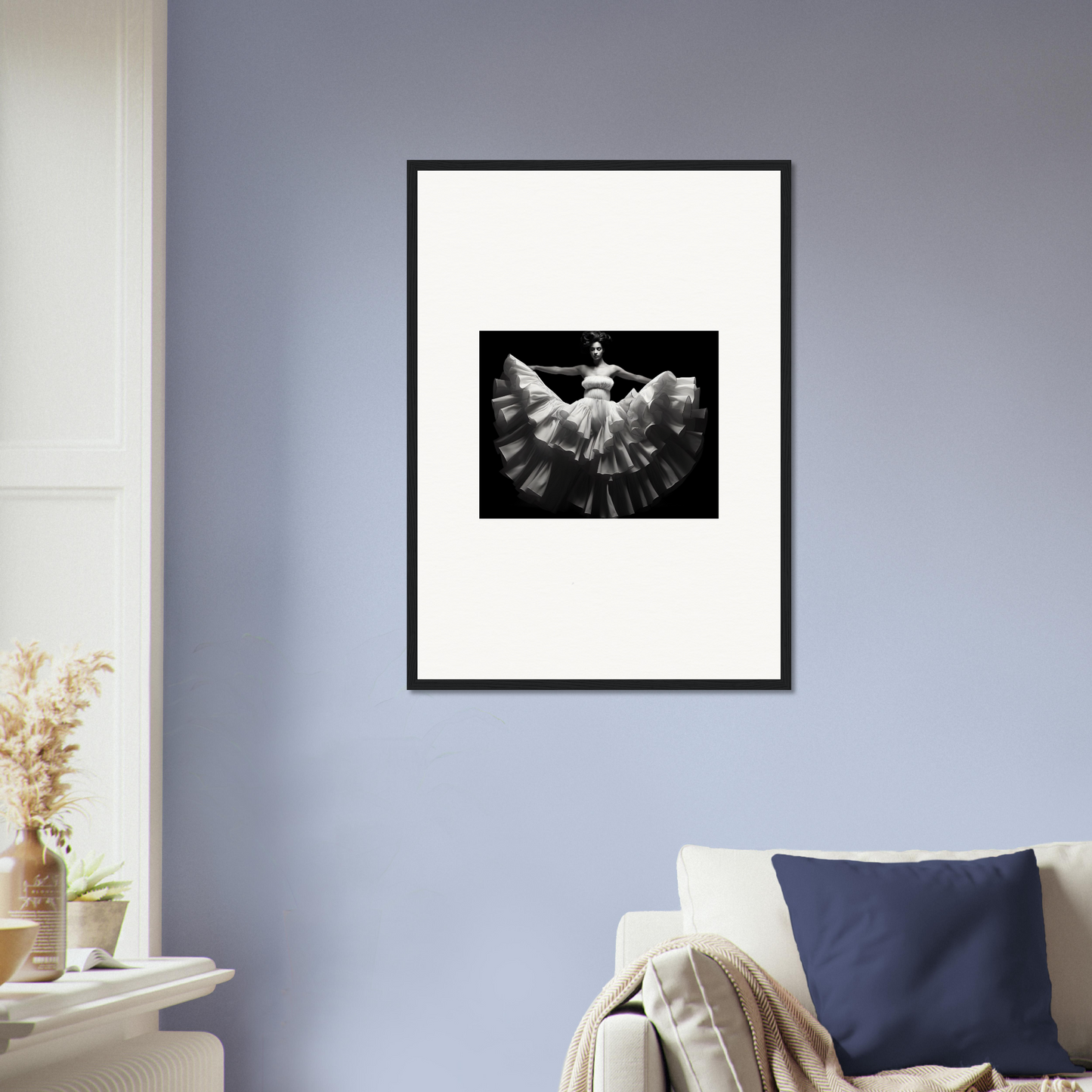 Framed black and white photograph of a ballet dancer in a flowing tutu.