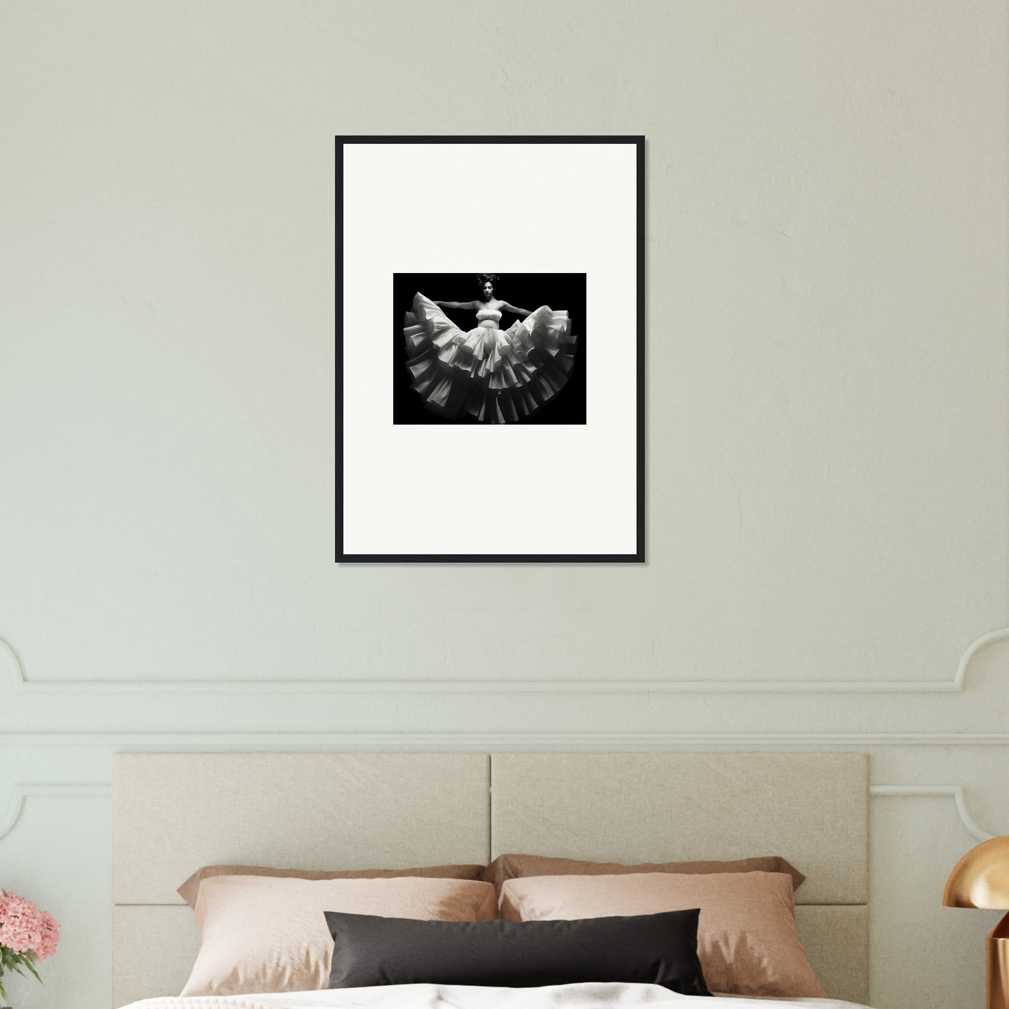 Framed black and white photograph of a ballerina’s tutu and legs.