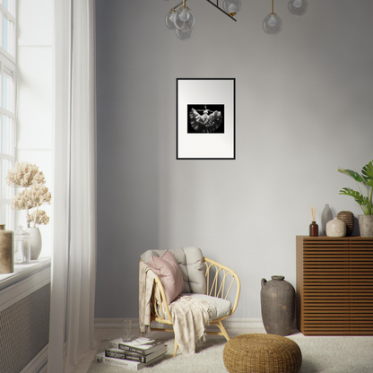 Framed black and white photograph of a butterfly on a light-colored wall.