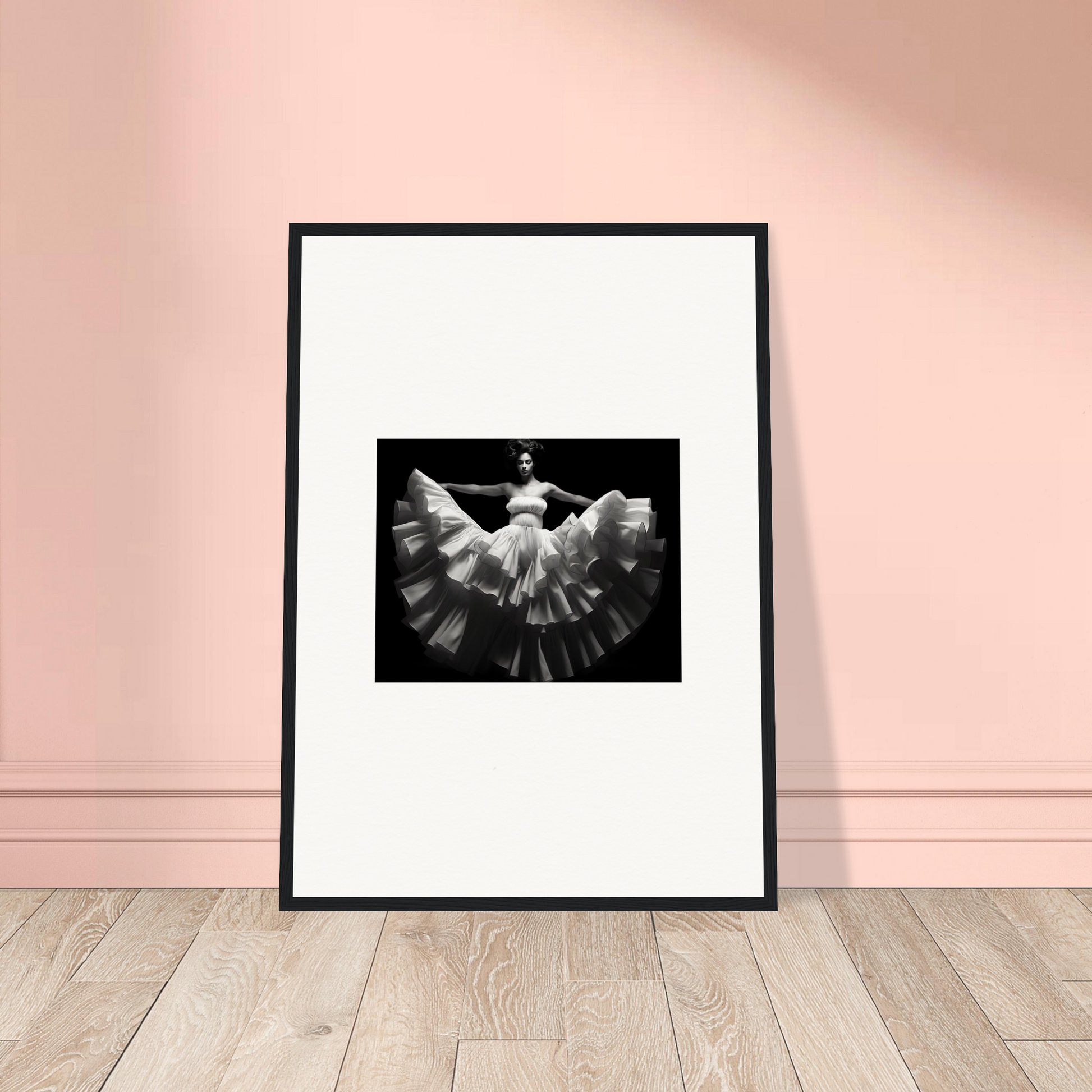 Framed black and white photograph of a ballet dancer in a flowing tutu dress.