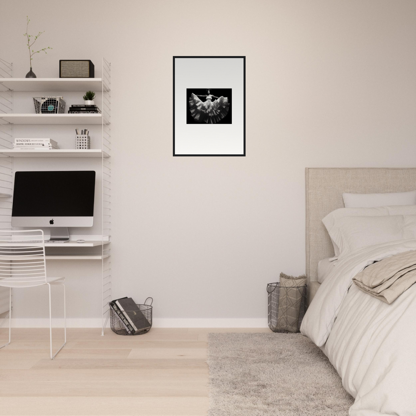 Minimalist bedroom with white walls, floating shelves, and a framed black and white artwork.