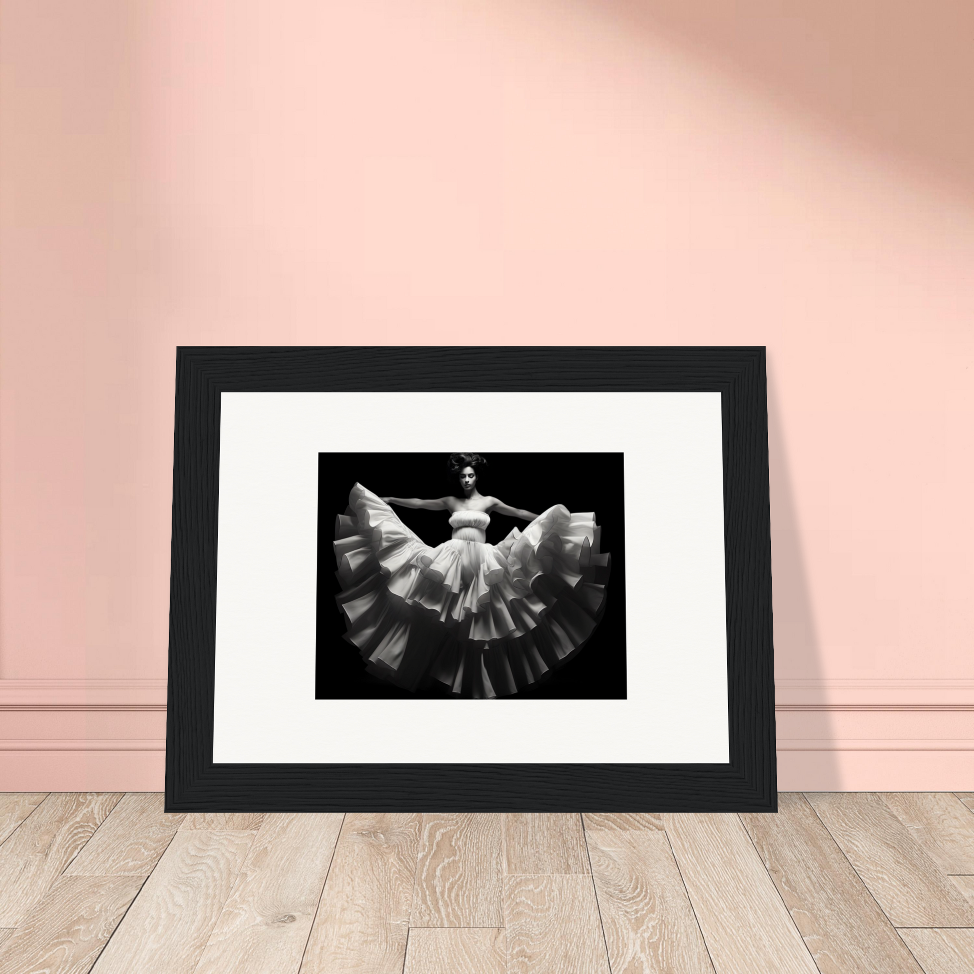 Framed black and white photograph of a ballet dancer in a flowing tutu.