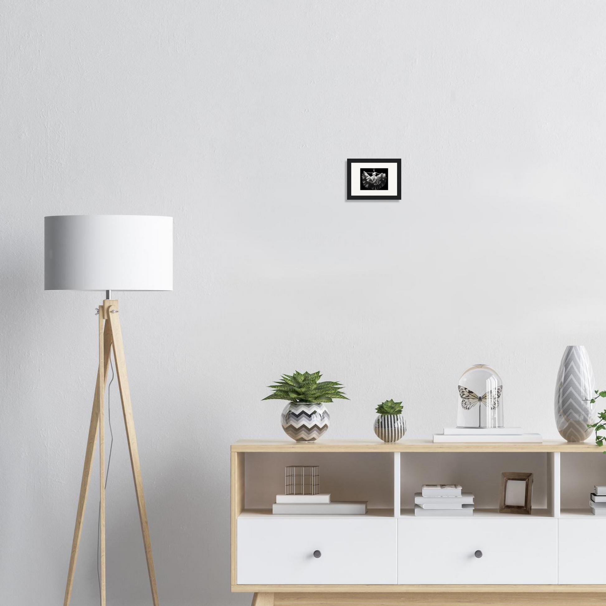 Modern wooden sideboard with white drawers and open shelving.