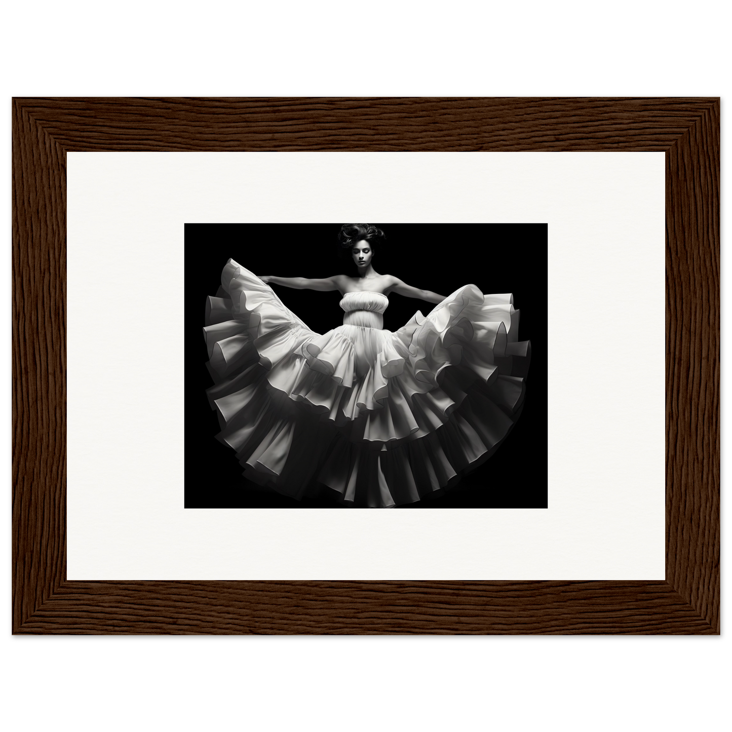 Black and white photograph of a dancer in a flowing white dress with a dramatically flared skirt.