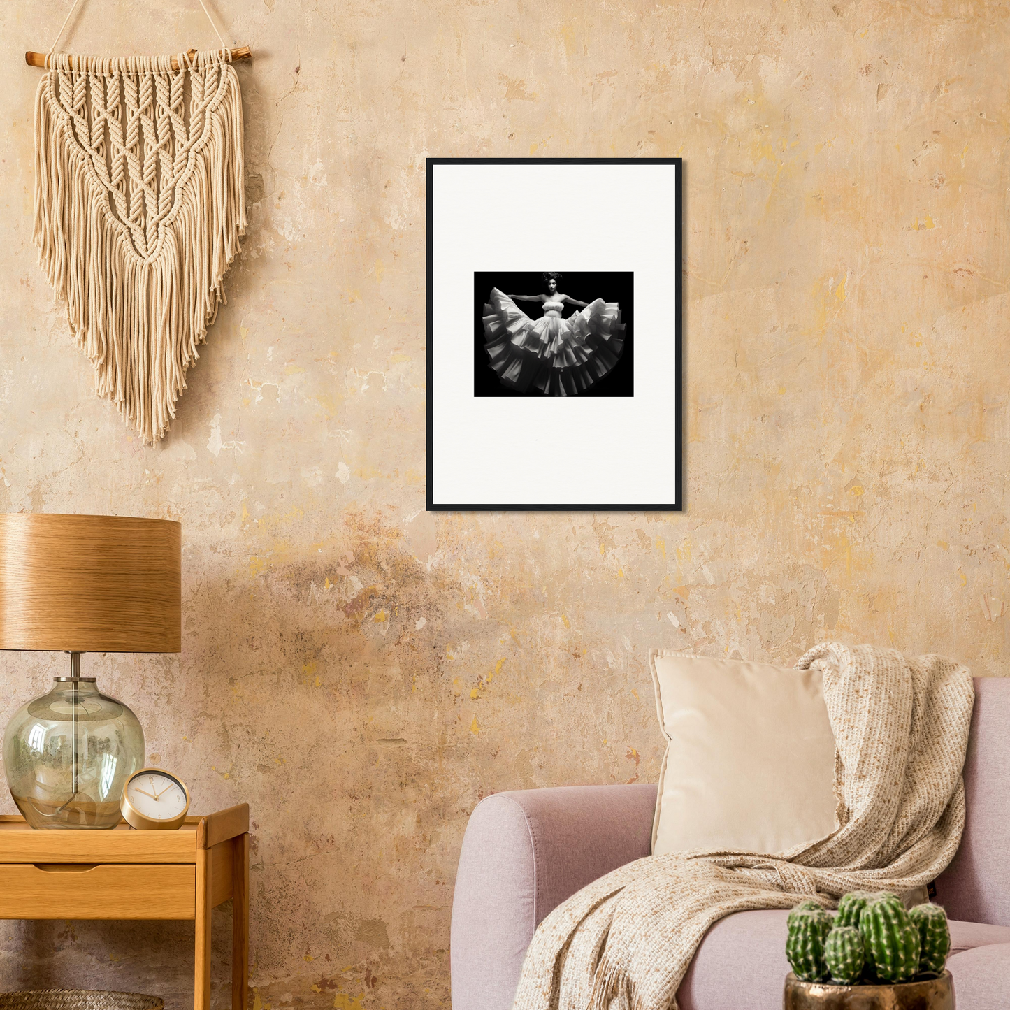 Framed black and white photograph of a bird with outstretched wings.