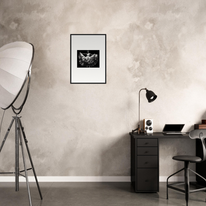 Minimalist home office workspace with a desk, chair, and framed artwork.