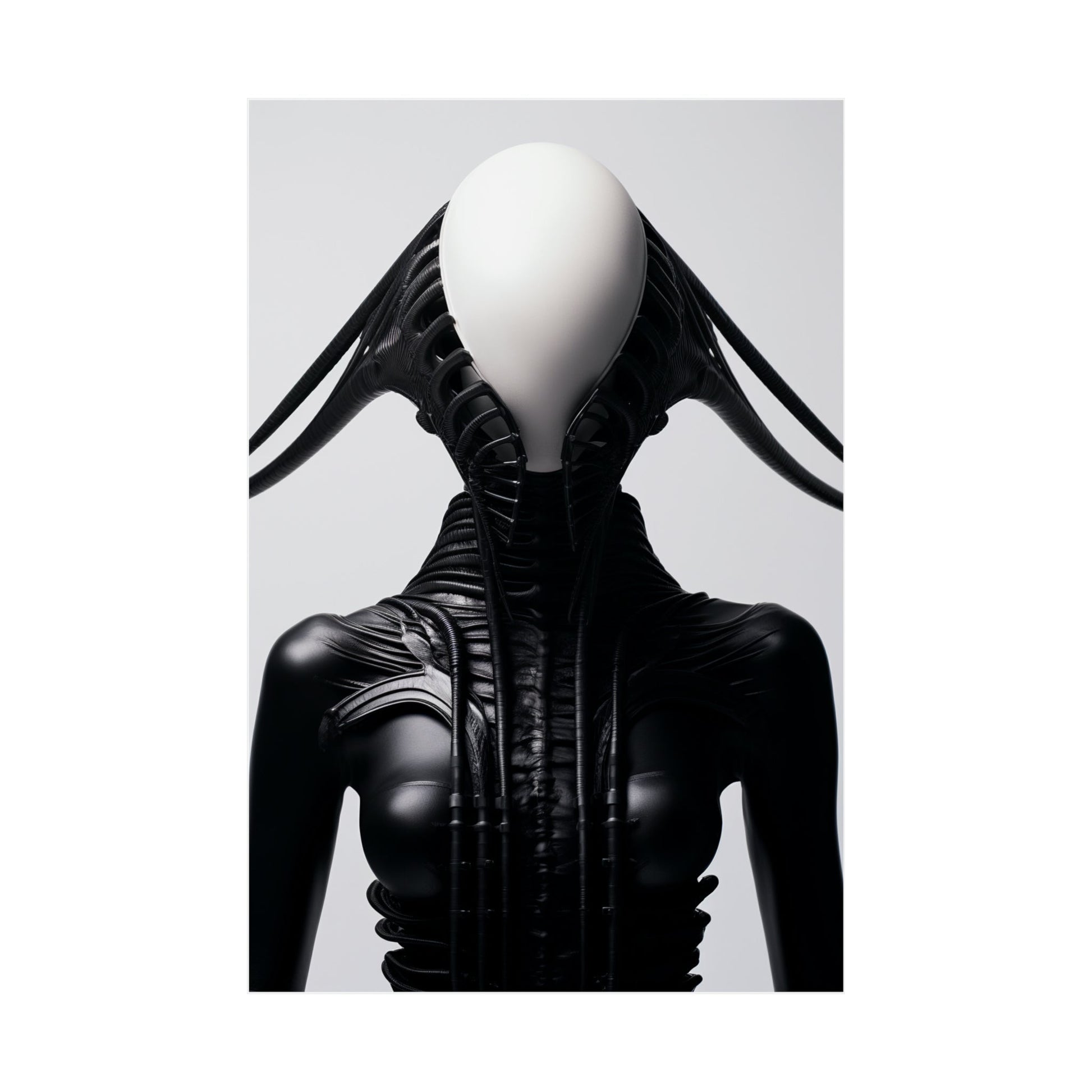 Surreal figure with a white egg-shaped head and a sleek black body featuring intricate textures and protrusions.