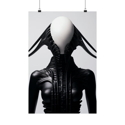 Surreal figure with a smooth white egg-shaped head and a sleek black body featuring intricate textures and protrusions.