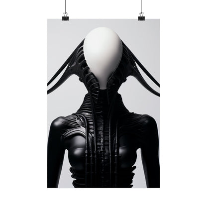 Surreal figure with a smooth white egg-shaped head and a sleek black body featuring intricate textures and shapes.