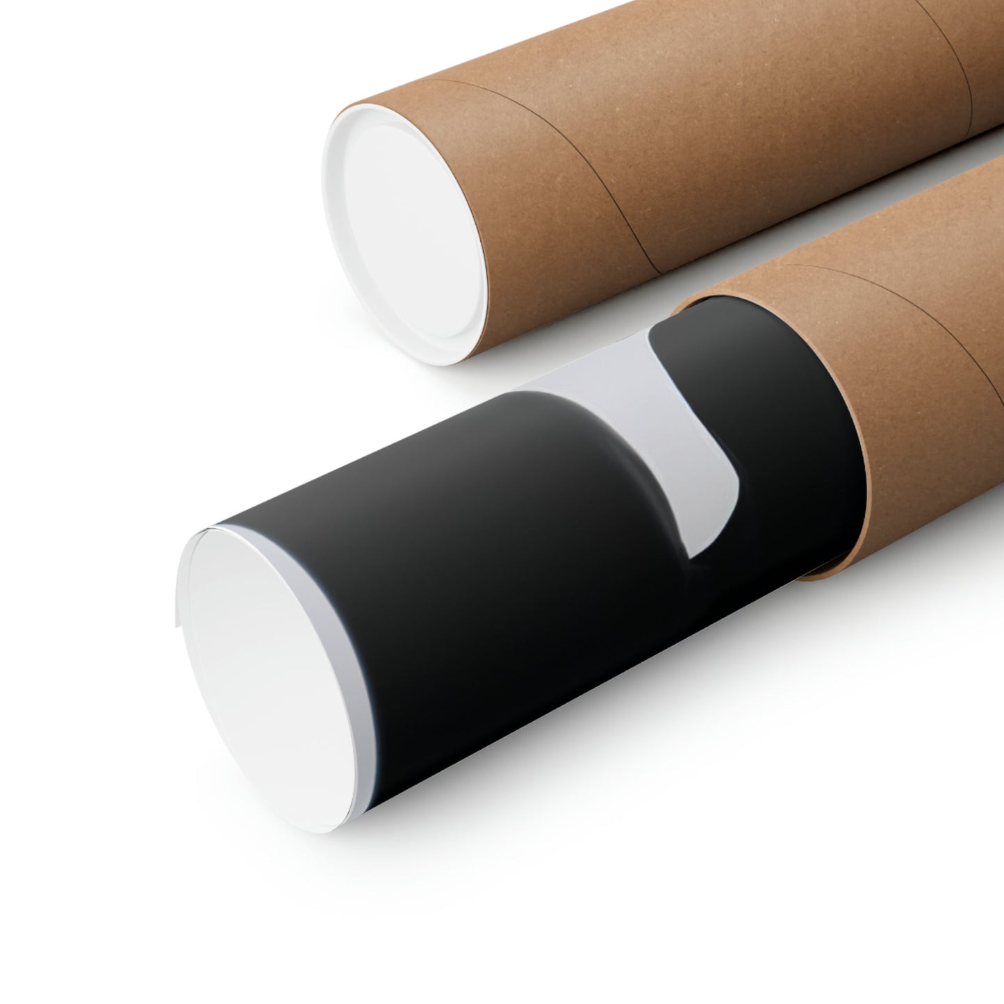 Cardboard mailing tubes, one with a black label or wrap.