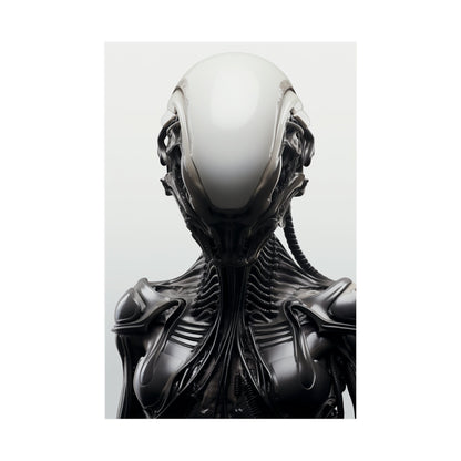 Futuristic humanoid figure with a smooth white head and intricate black biomechanical body.