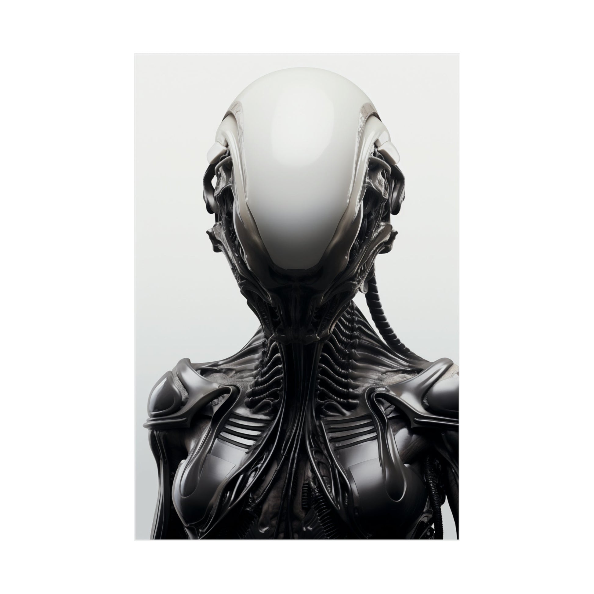 Futuristic humanoid figure with a sleek, biomechanical design featuring a smooth white head and intricate black exoskeleton-like body.