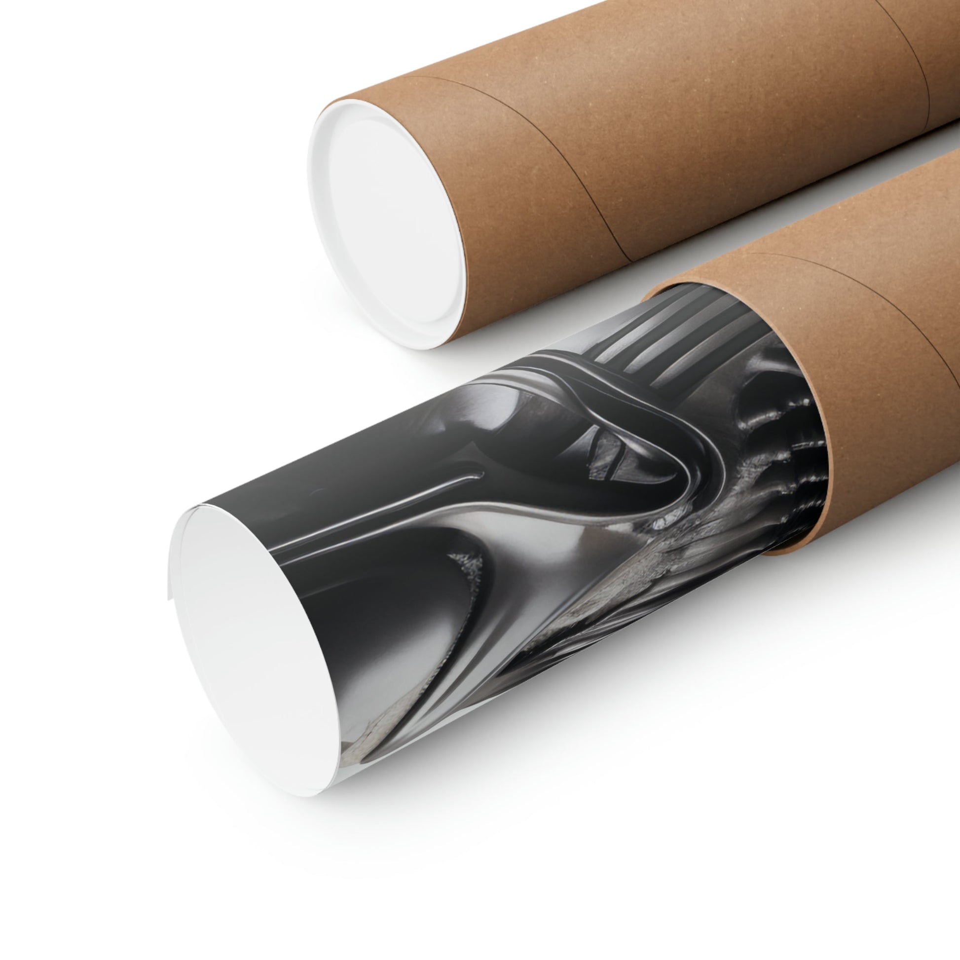 Cardboard mailing tubes, one with a black plastic end cap visible.