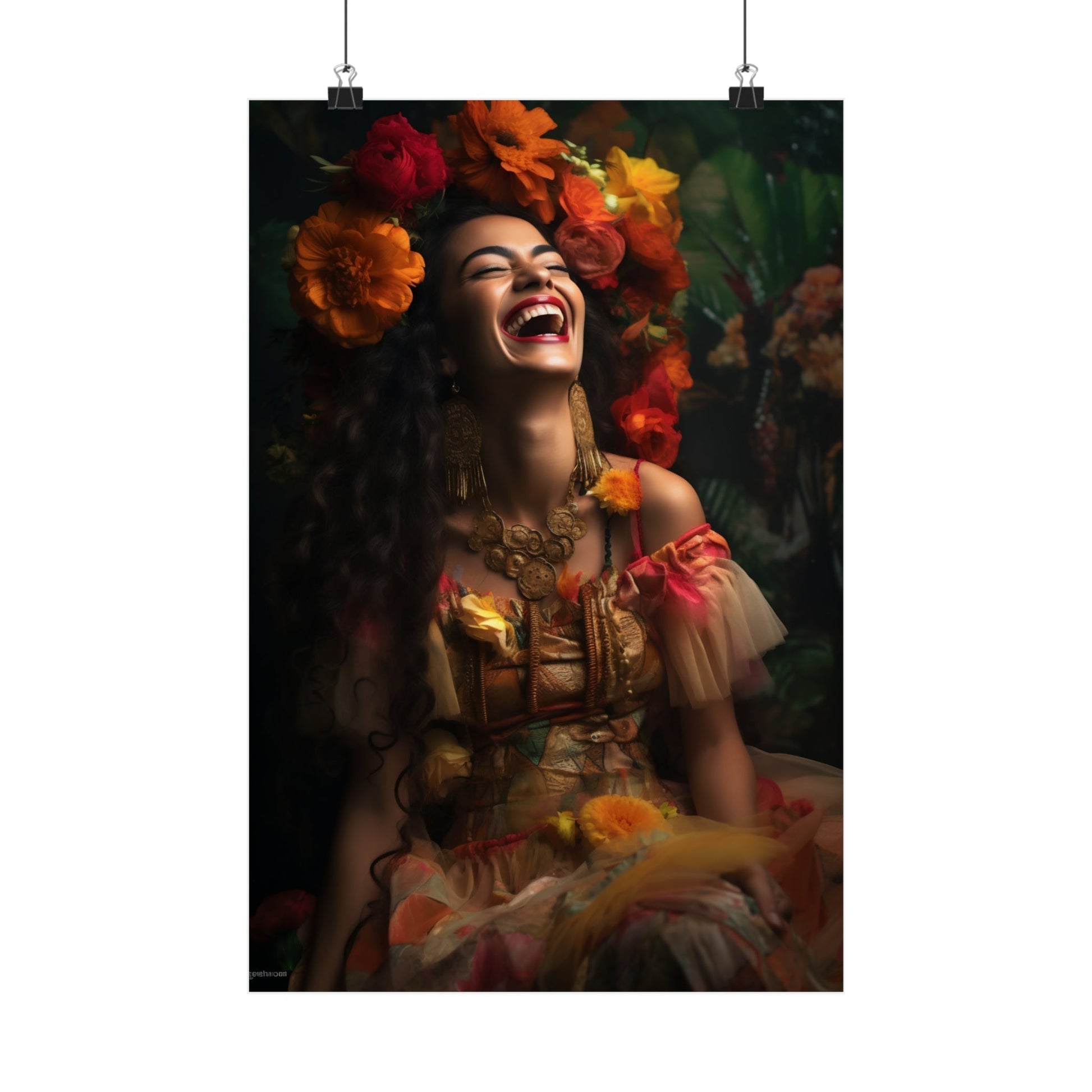 Joyful woman laughing with vibrant flowers adorning her hair and outfit.