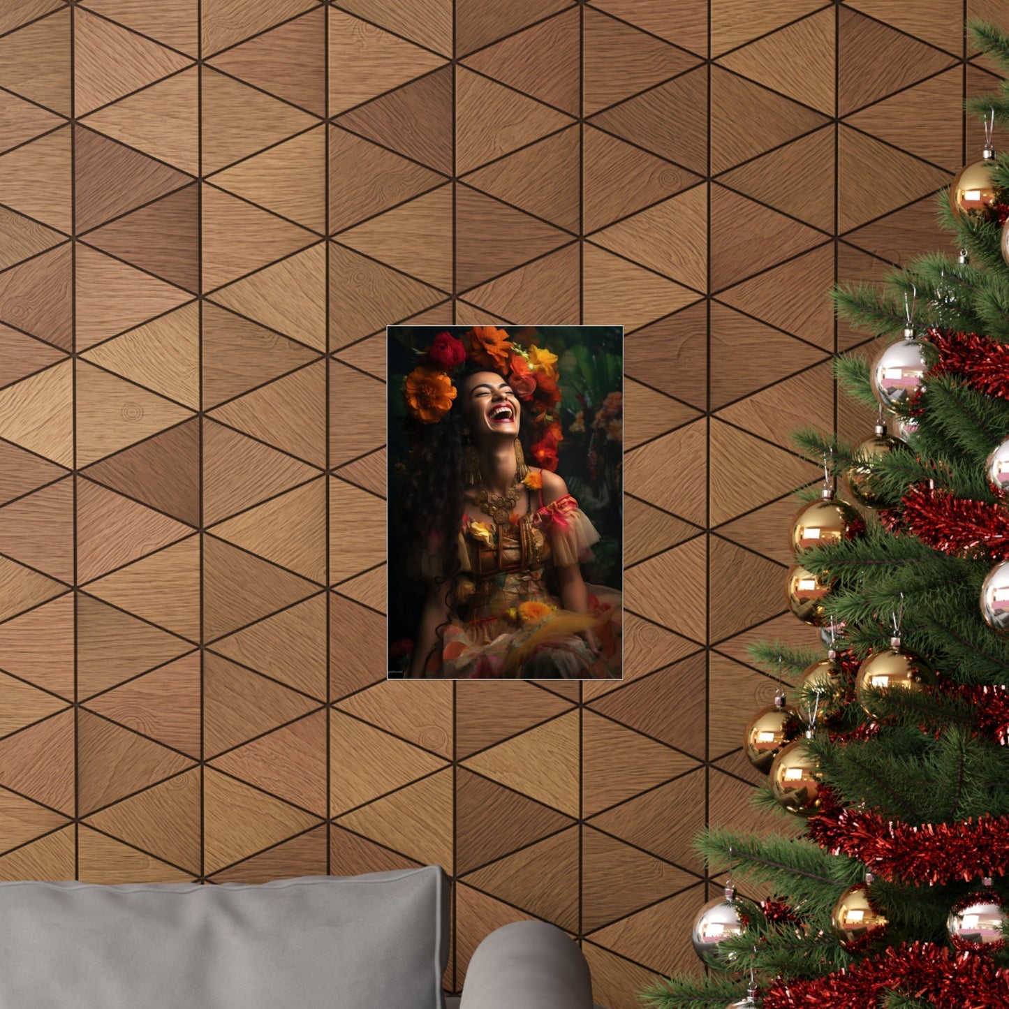 A christmas tree with a picture of a woman