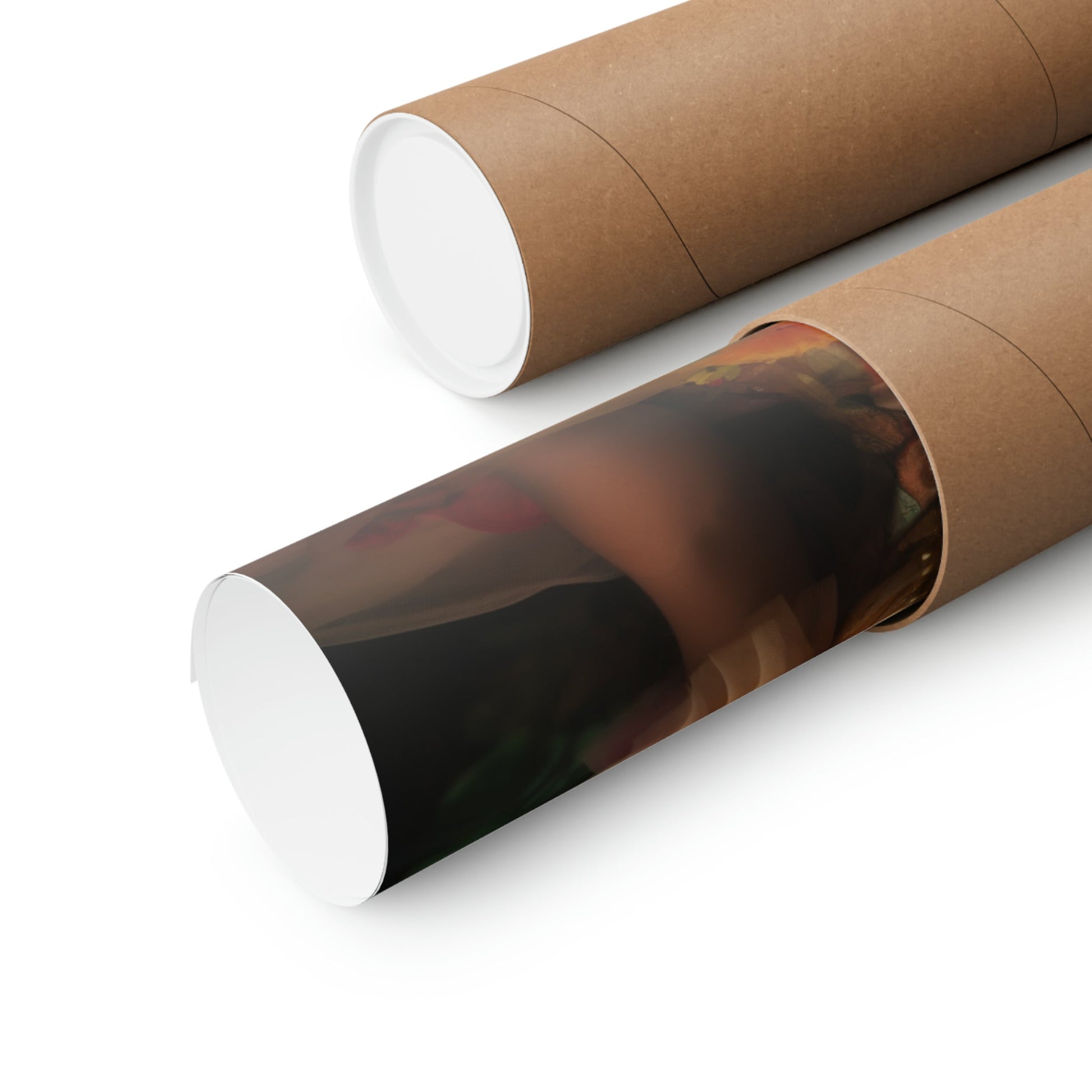 Two rolls of brown paper with a photo on them