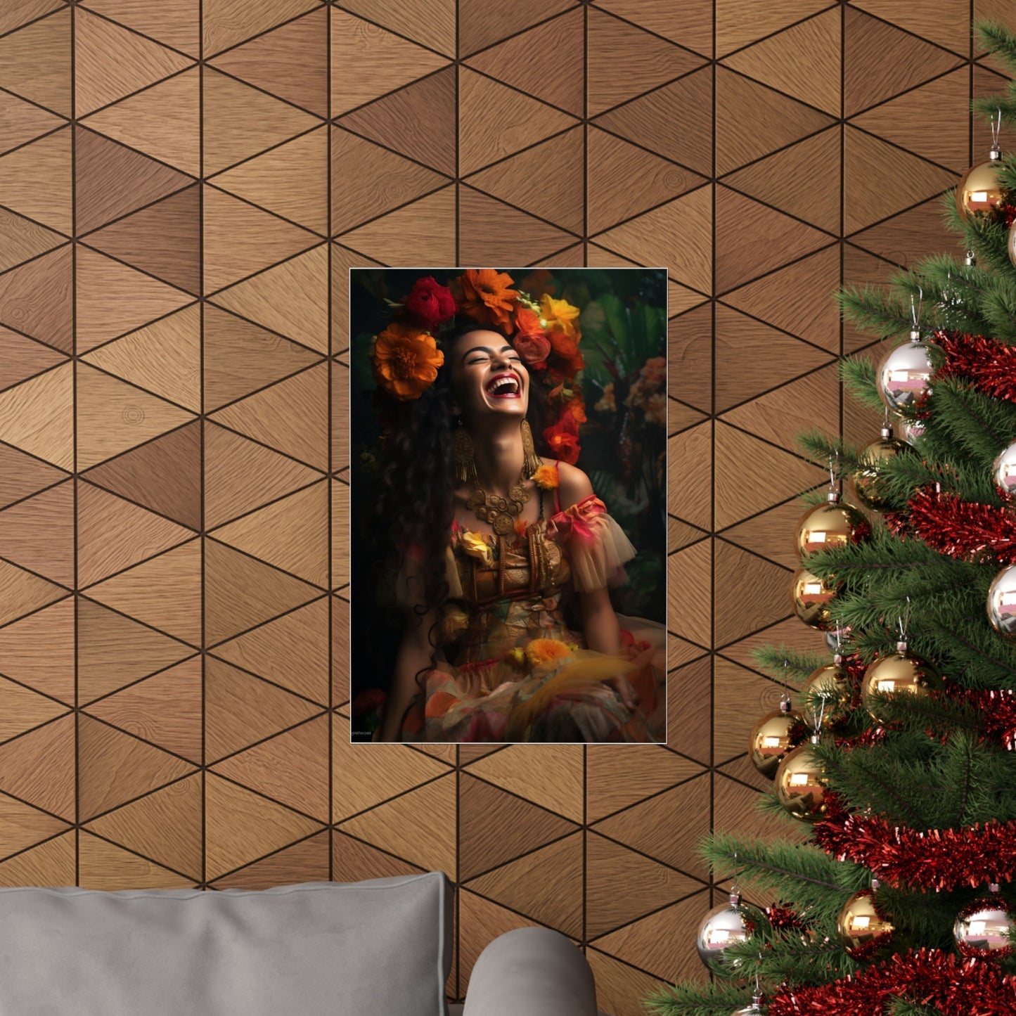 A christmas tree with a picture of a woman