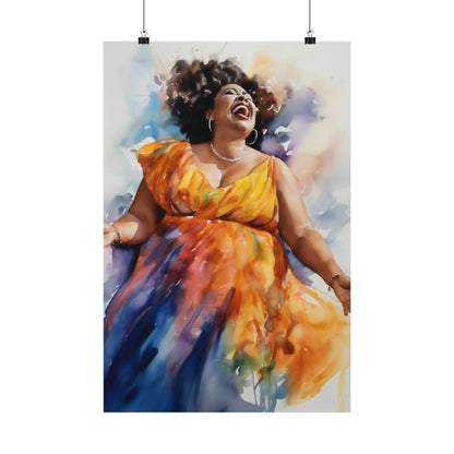 Vibrant watercolor painting of a joyful woman in a flowing yellow and orange dress, singing or laughing with her head tilted back.