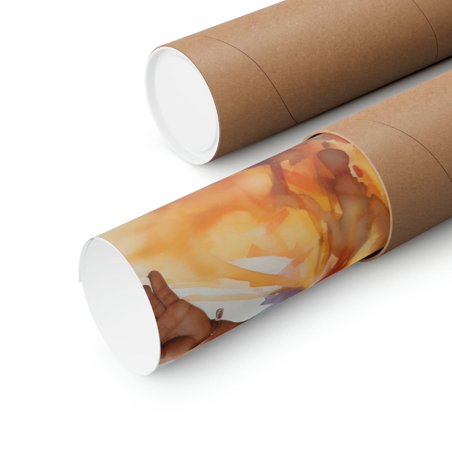 Rolled canvas or poster tube with a partial view of an abstract orange and brown artwork visible on one.