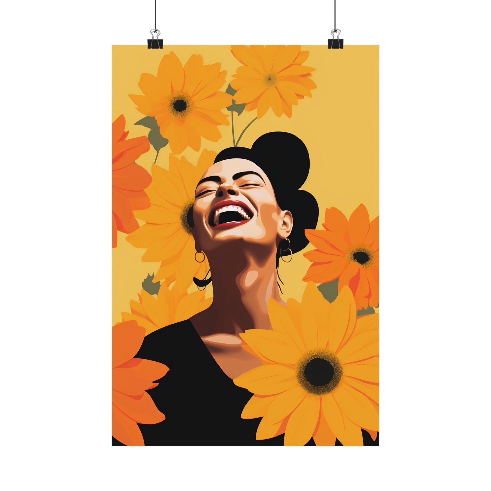 Joyful woman laughing amidst vibrant yellow sunflowers.