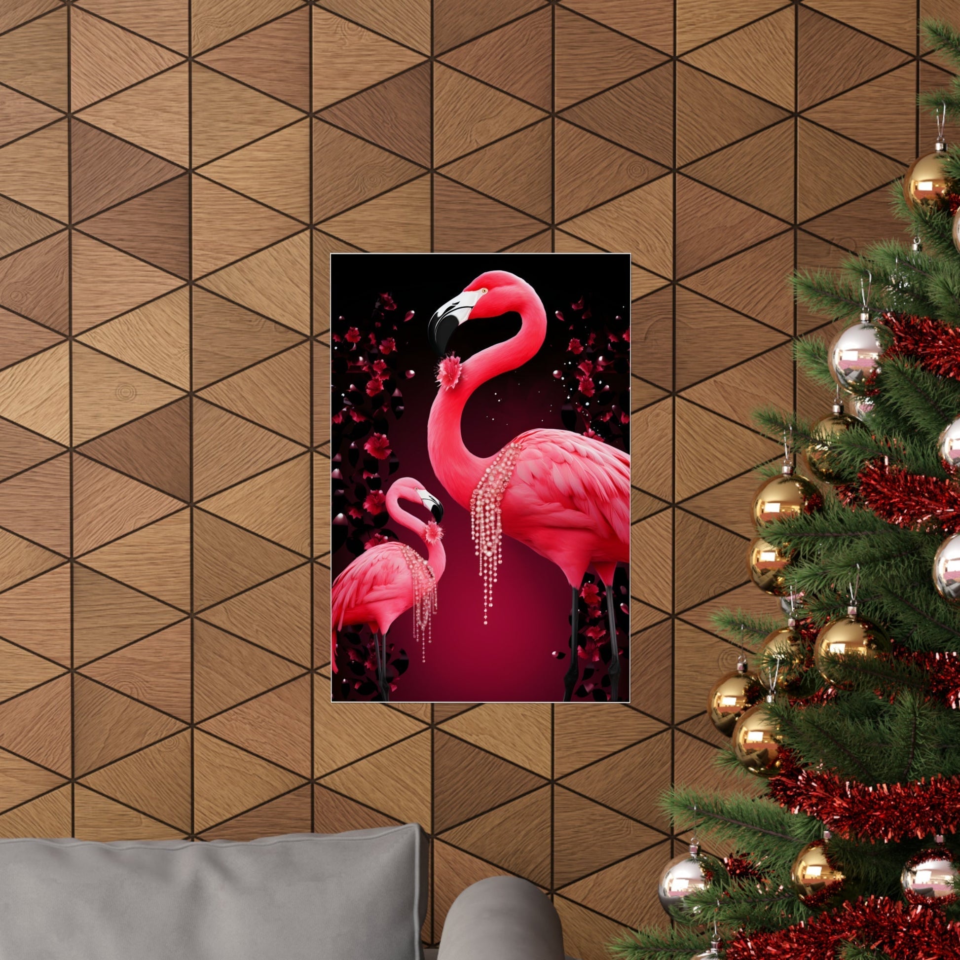 A christmas tree with a pink flaming in the background