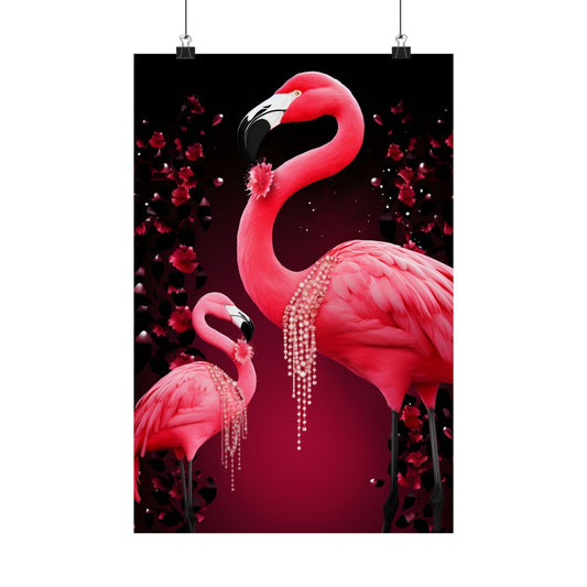 Vibrant pink flamingo with decorative jewels against a dark background.