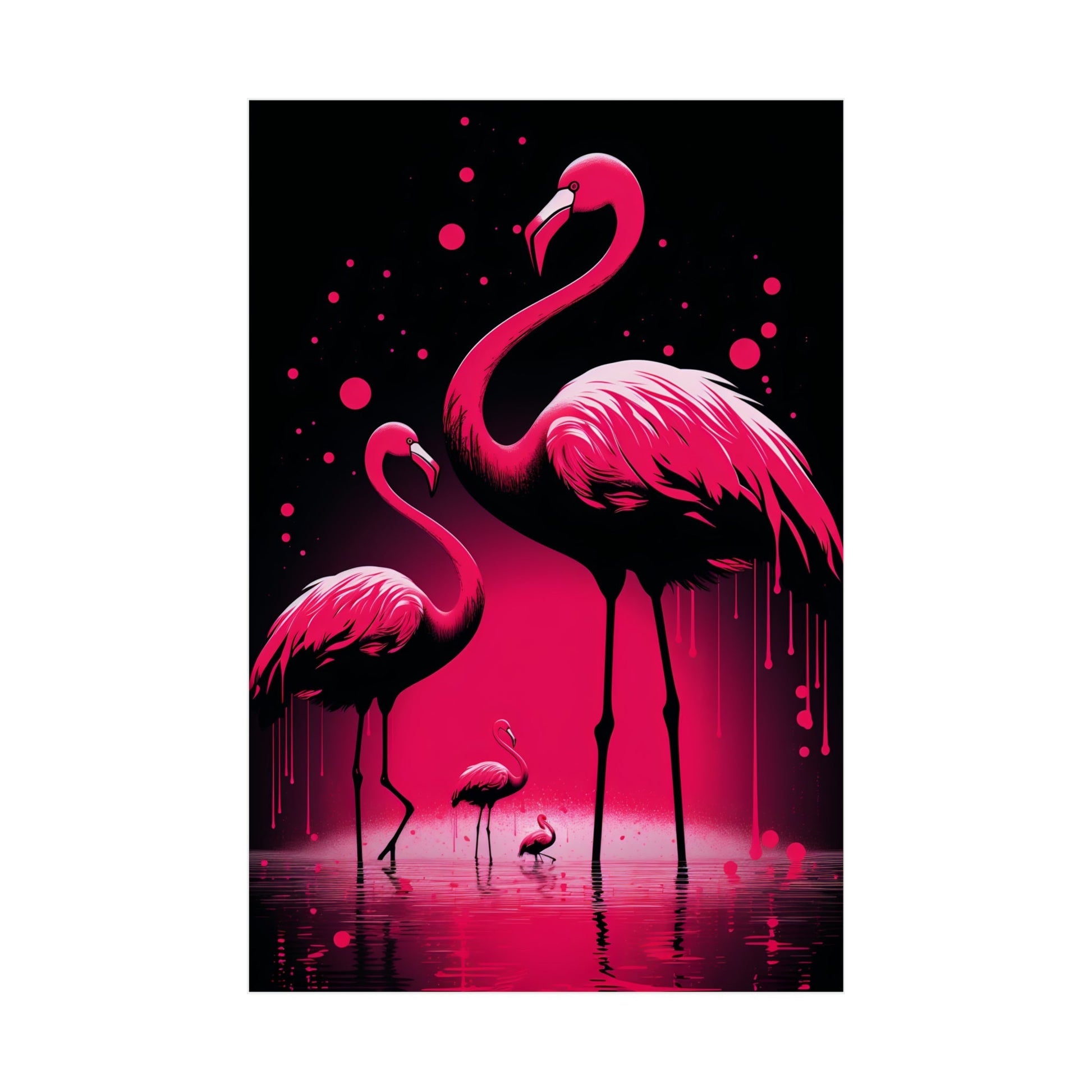 Flamingos in a pink sunset painting on a black background