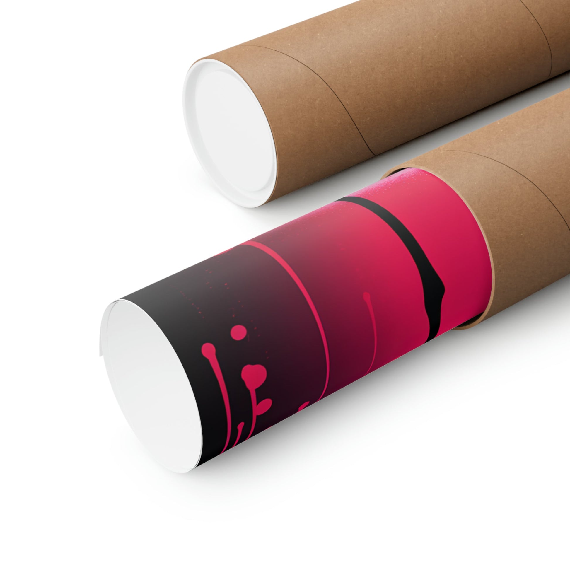 Two rolls of brown paper with pink and black designs