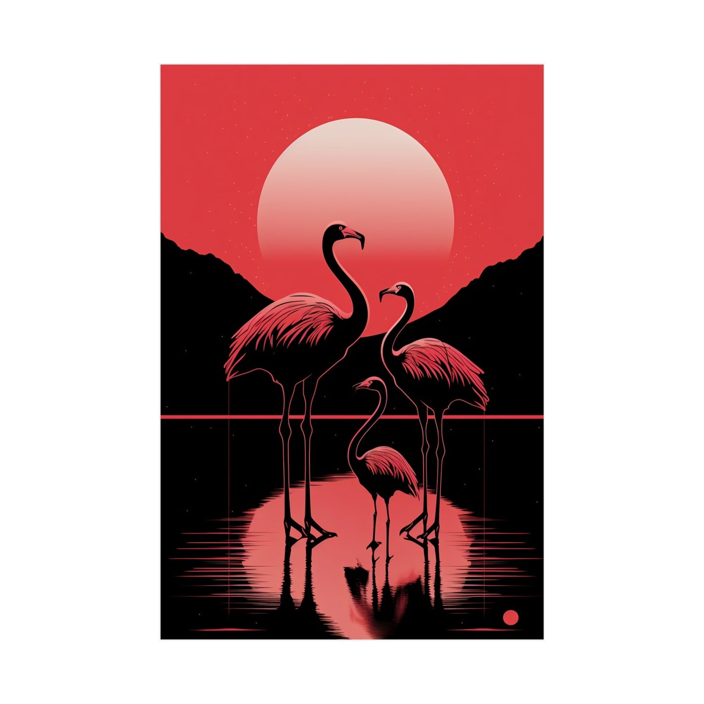 There are two flamingos standing in the water at sunset