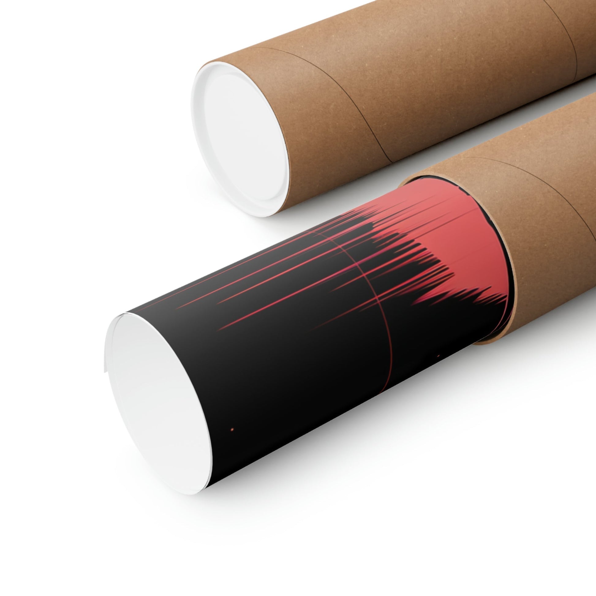 Two rolls of brown paper with red and black stripes