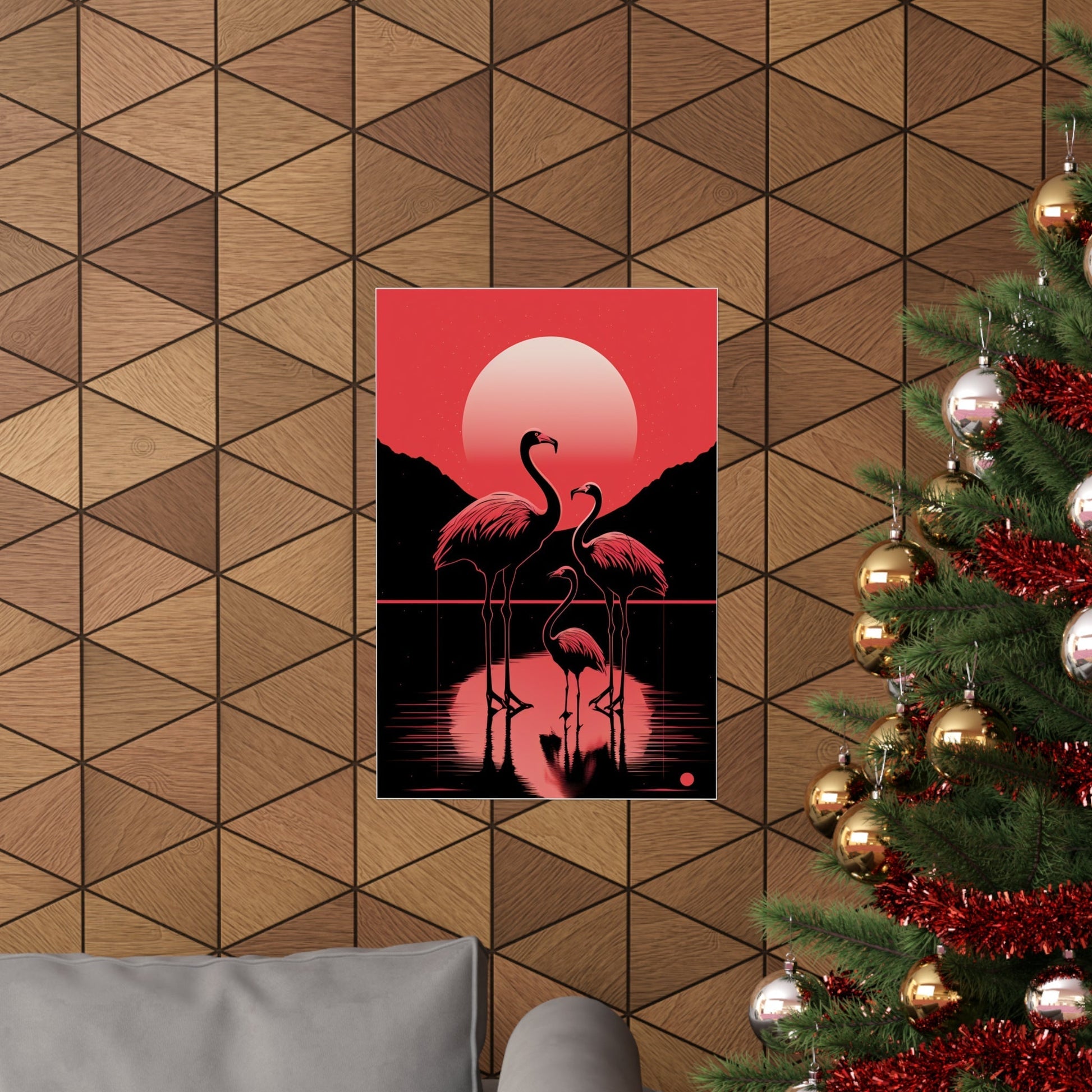 A christmas tree with a red and black poster