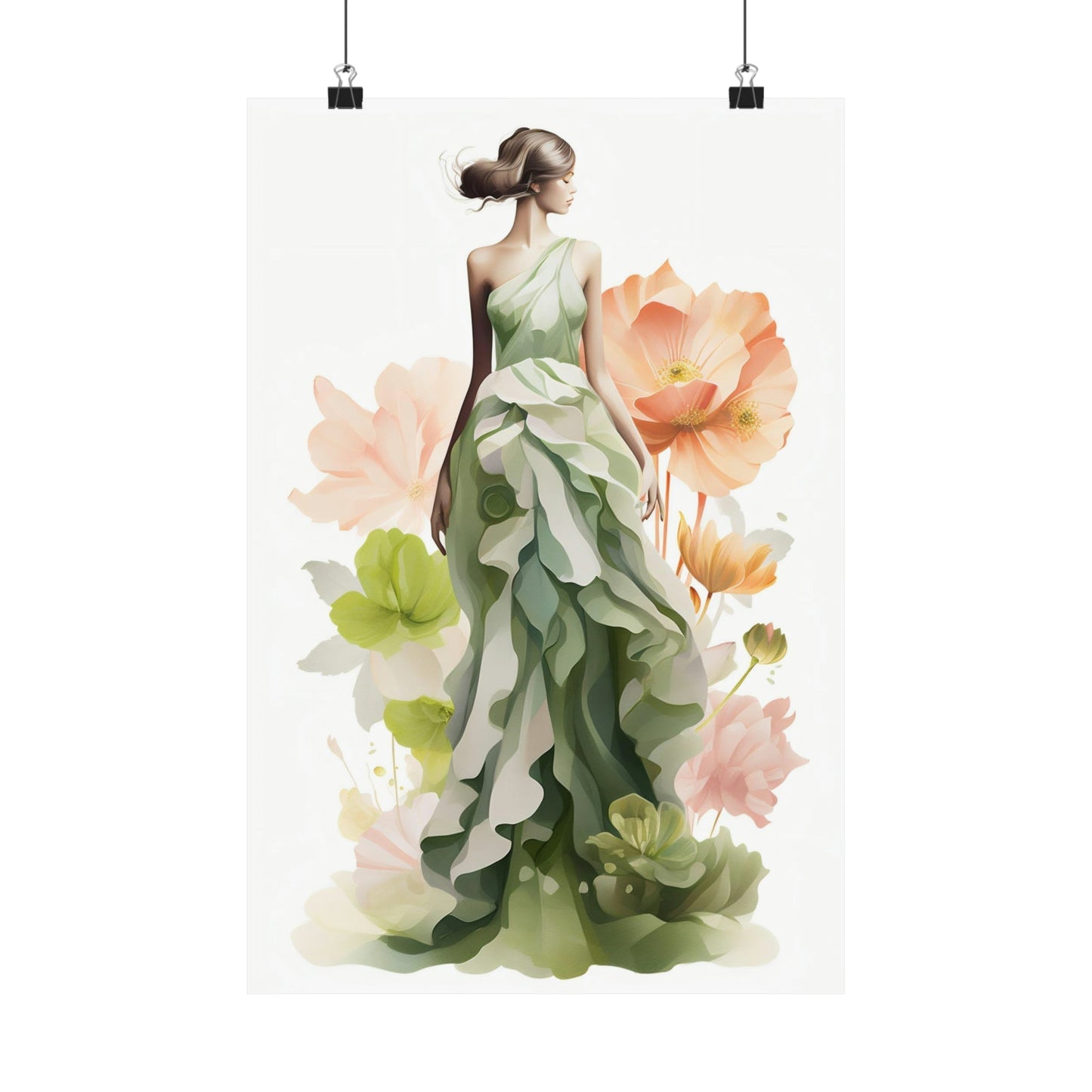 Elegant female figure in a flowing green dress surrounded by watercolor floral elements.