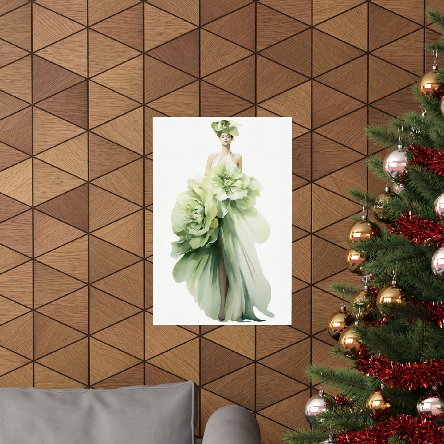 A christmas tree with a picture of a woman in a green dress