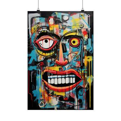 Colorful, abstract graffiti-style painting of a distorted face with exaggerated features.