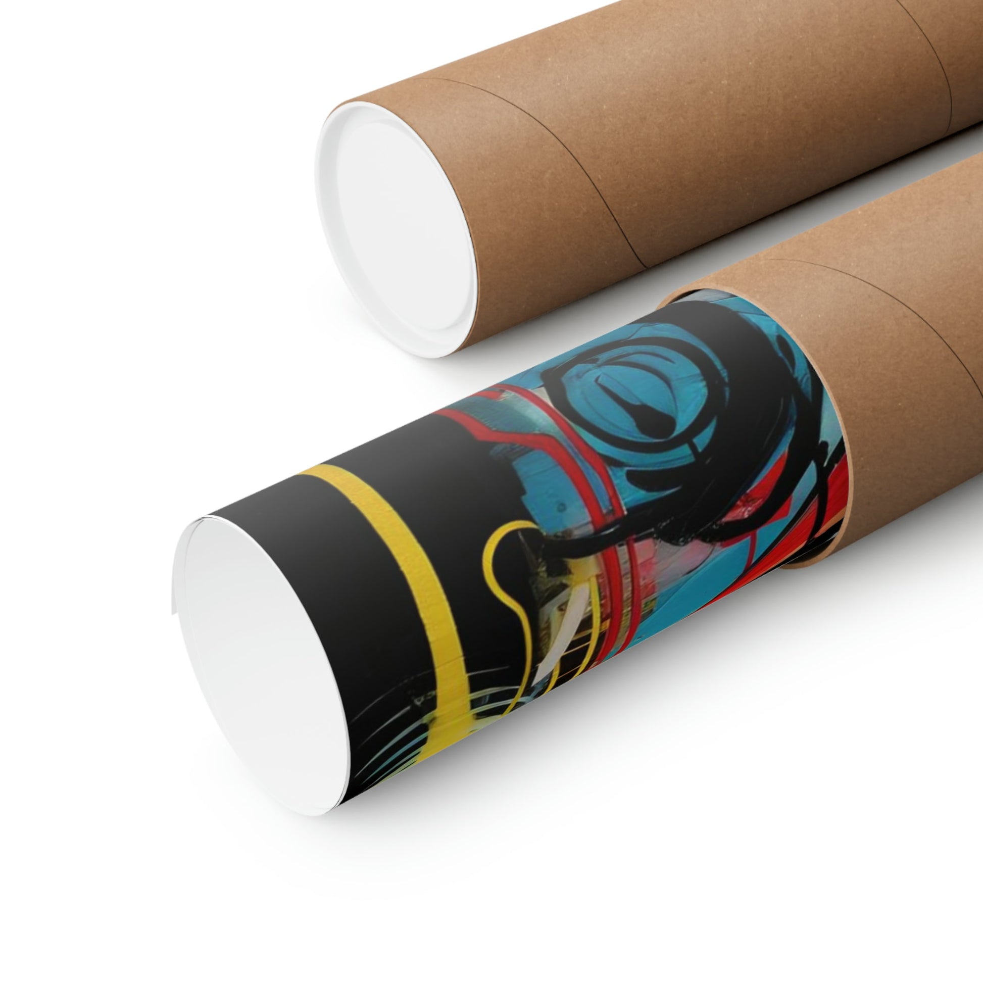 Cardboard tubes or mailing tubes, one plain and one with colorful abstract design.