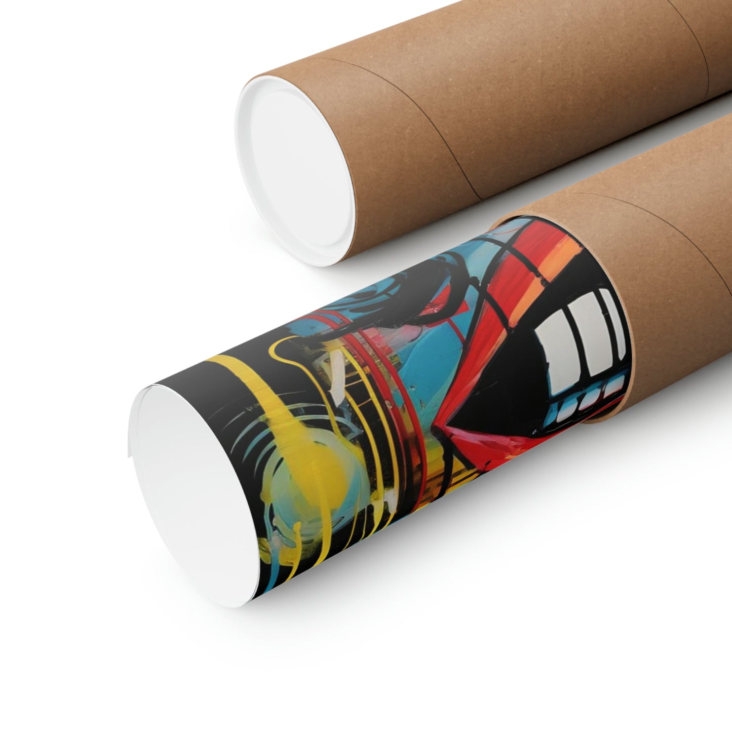 Cardboard tubes or mailing tubes, one plain and one with colorful abstract artwork printed on it.