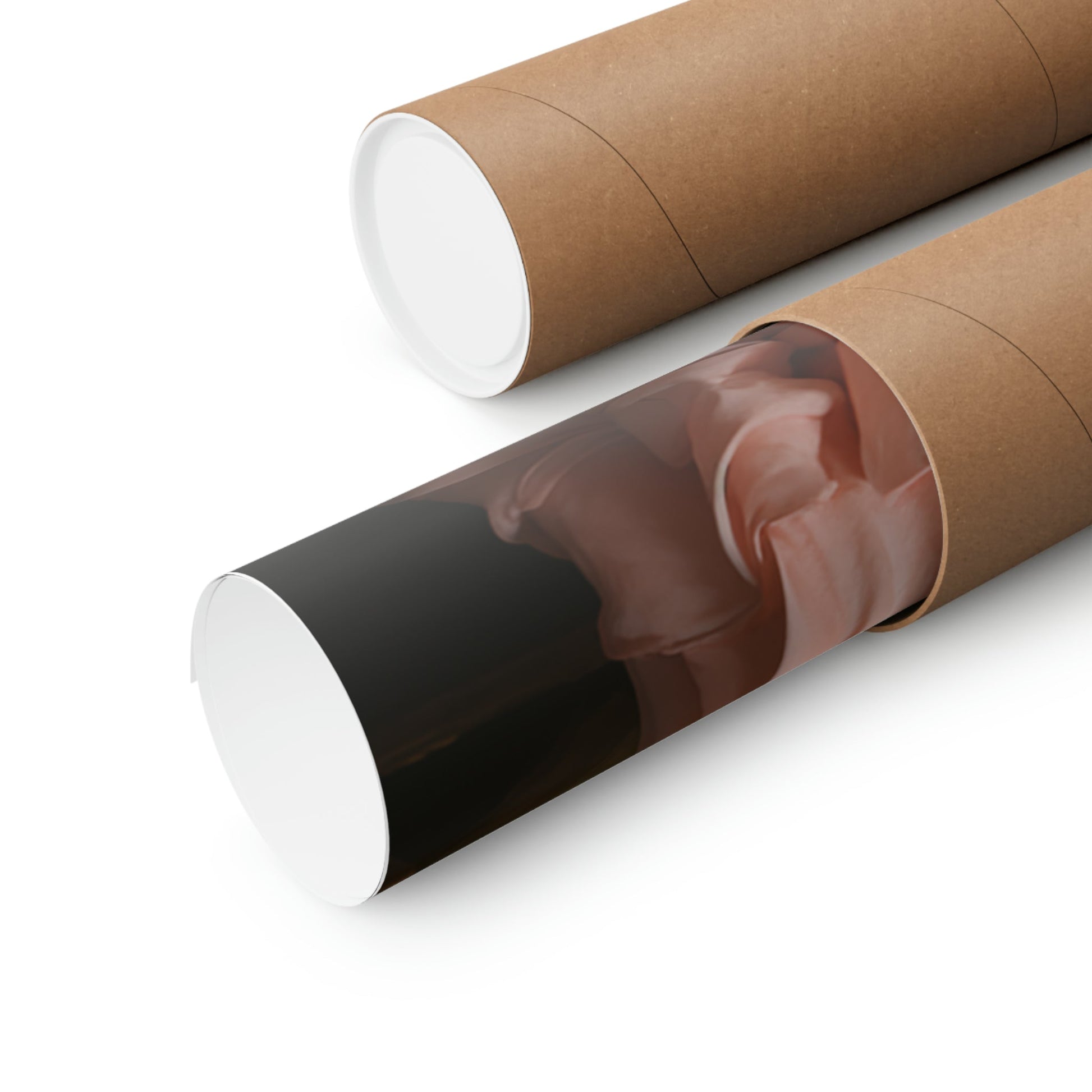 Cylindrical tubes or rolls, one displaying a skin tone pattern.