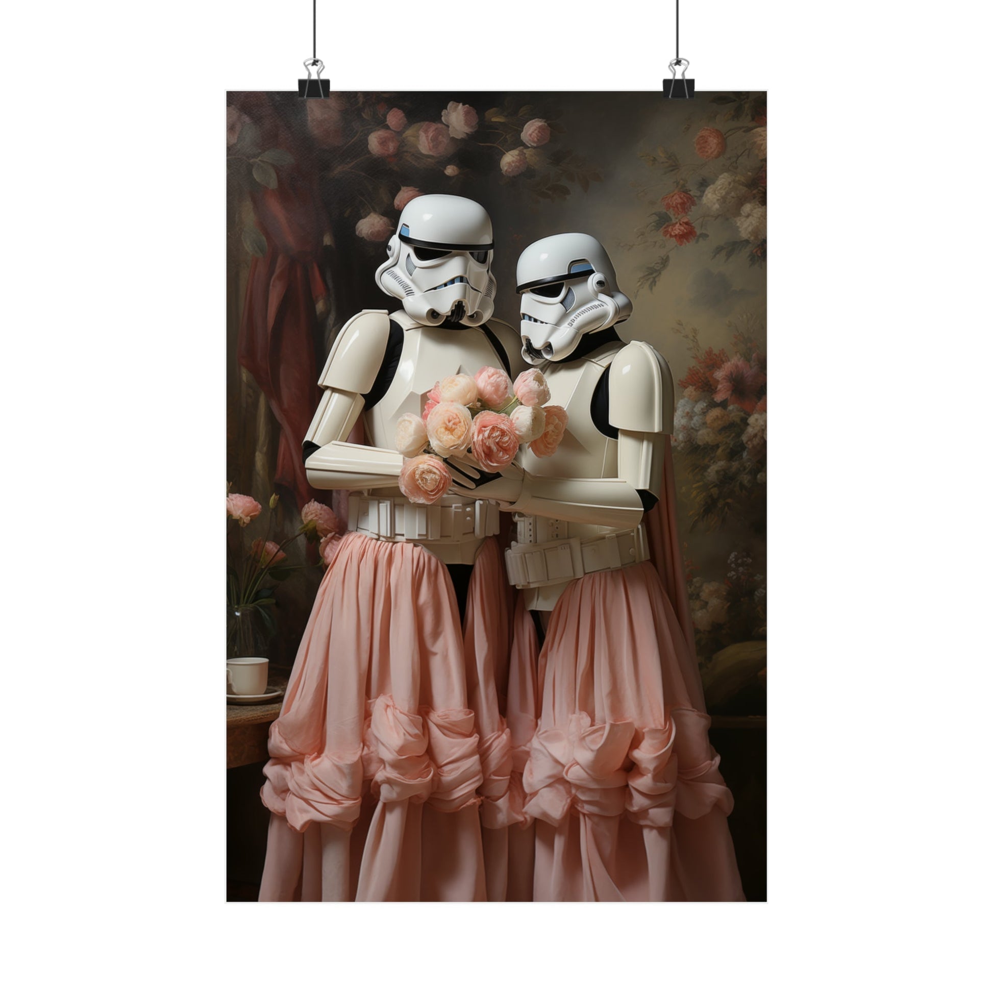 Two Stormtroopers wearing pink, flowing dresses and holding a bouquet of flowers.