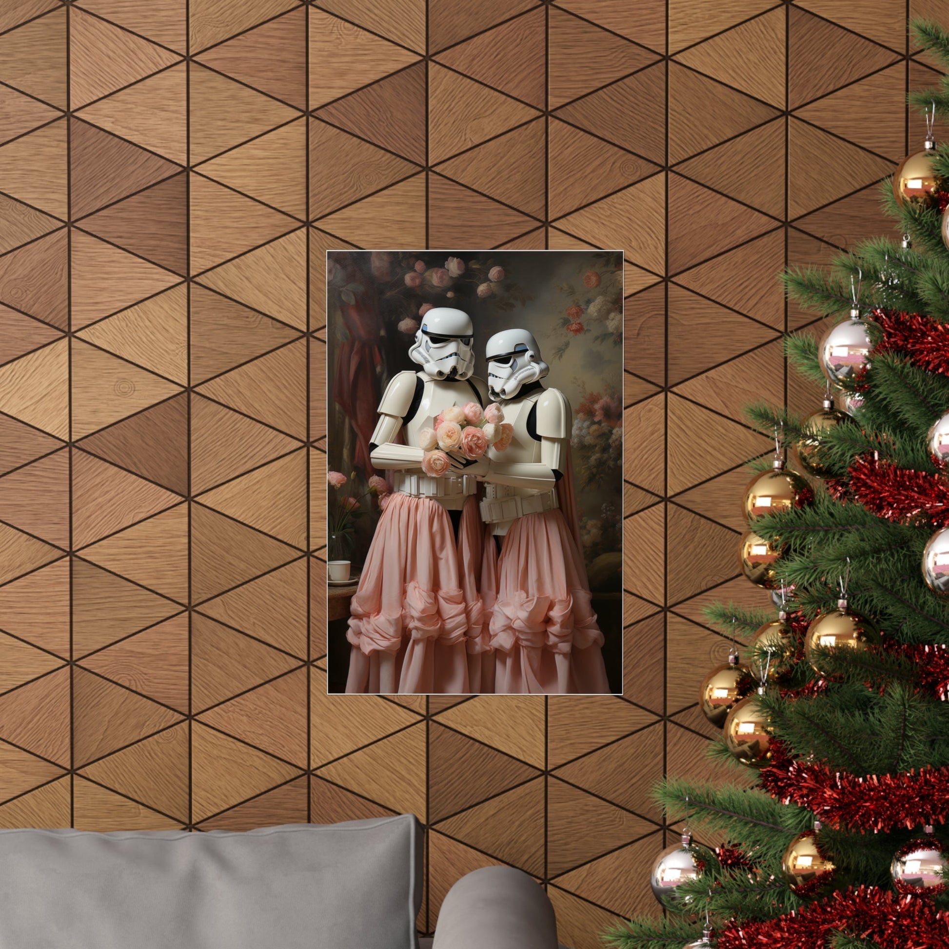 Framed artwork depicting two Stormtroopers in pink dresses.