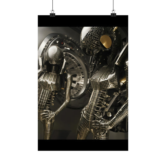 Metallic robotic figure with intricate mechanical details and a reflective surface.