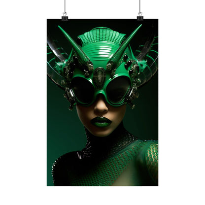 Futuristic green headpiece with elaborate sunglasses and matching makeup.