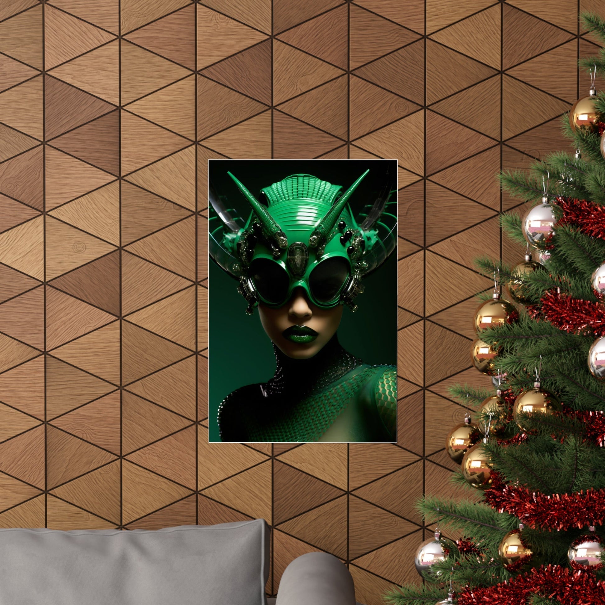 A christmas tree with a picture of a woman in a green mask