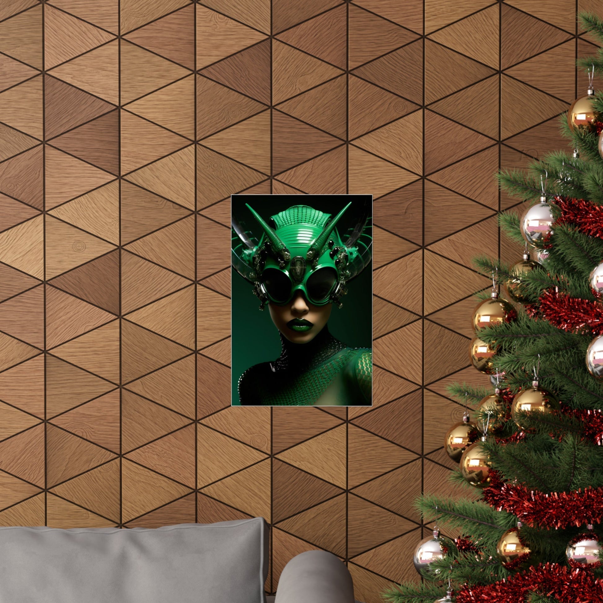 A christmas tree with a picture of a green alien