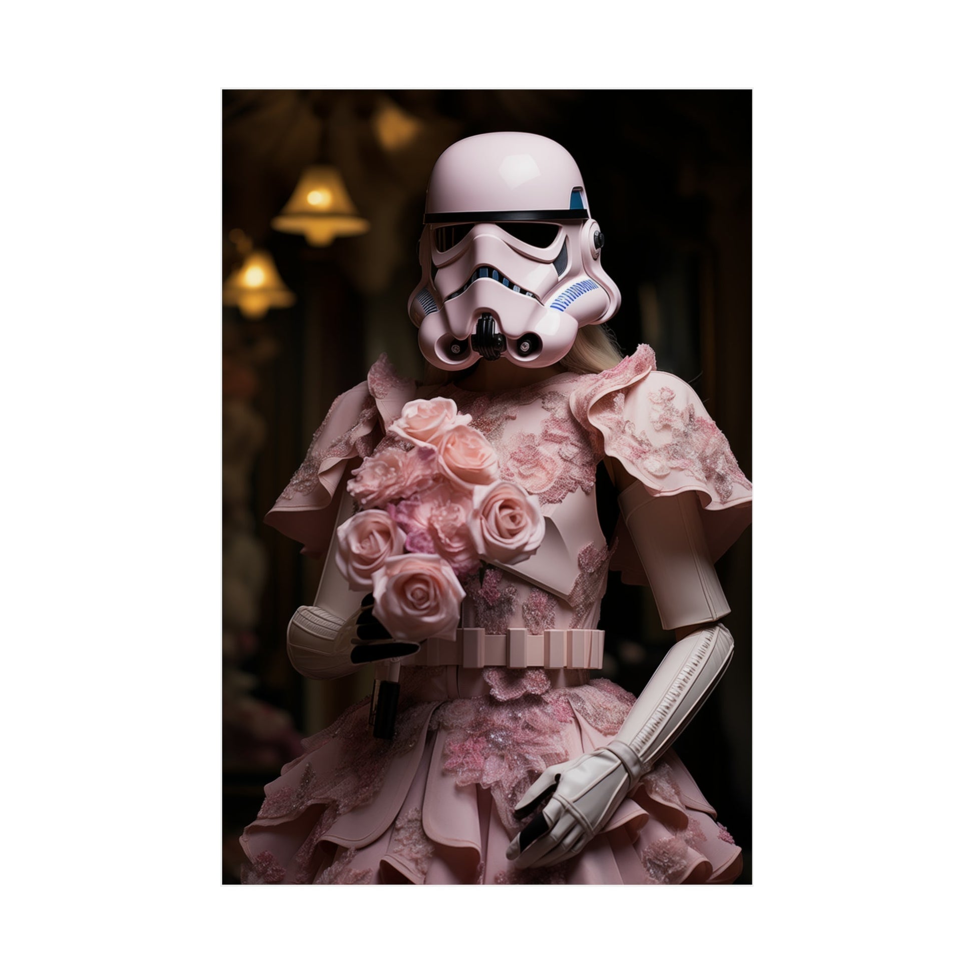 Stormtrooper wearing a pink floral dress and holding a bouquet of roses.