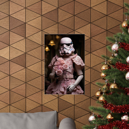 Framed portrait of a Stormtrooper wearing a pink floral outfit.